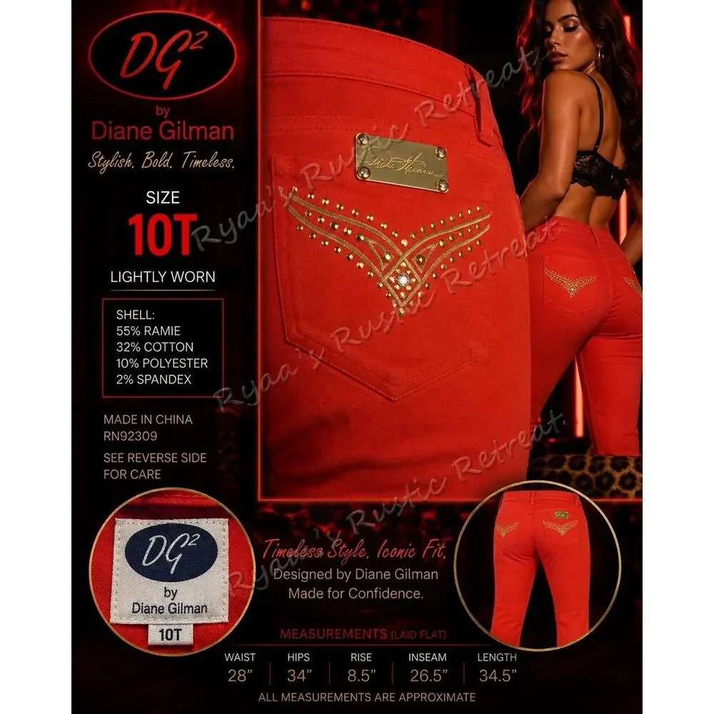 DG2 Diane Gilman Embellished Bootcut Jeans Red Orange 10T Stretch Ramie Blend DK
